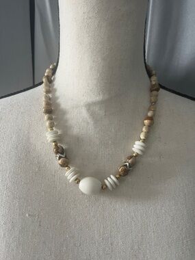 Neutral White and Brown Beaded Necklace – Natural Stone Accent